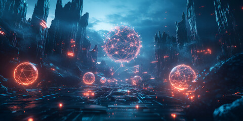 Futuristic alien world with glowing energy spheres, Sci-fi digital landscape with levitating orbs and dark terrain
