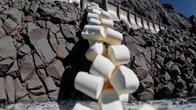 Water flowing down the spillway of a concrete arch dam with dolosse blocks dissipating the energy of the water, preventing erosion of the riverbed
