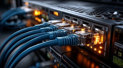 High Speed Network Cables Connected to Server Powerful Technology Digital Infrastructure Data Center Network Internet Connection Modern Computer Equipment Advanced Technology Blue Cables Digital World