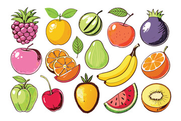 Fruits and berries. Trendy doodle vector illustration. Natural tropical fruits. Fig, cherry, apple, peach, lemon, avocado, pineapple Vector
