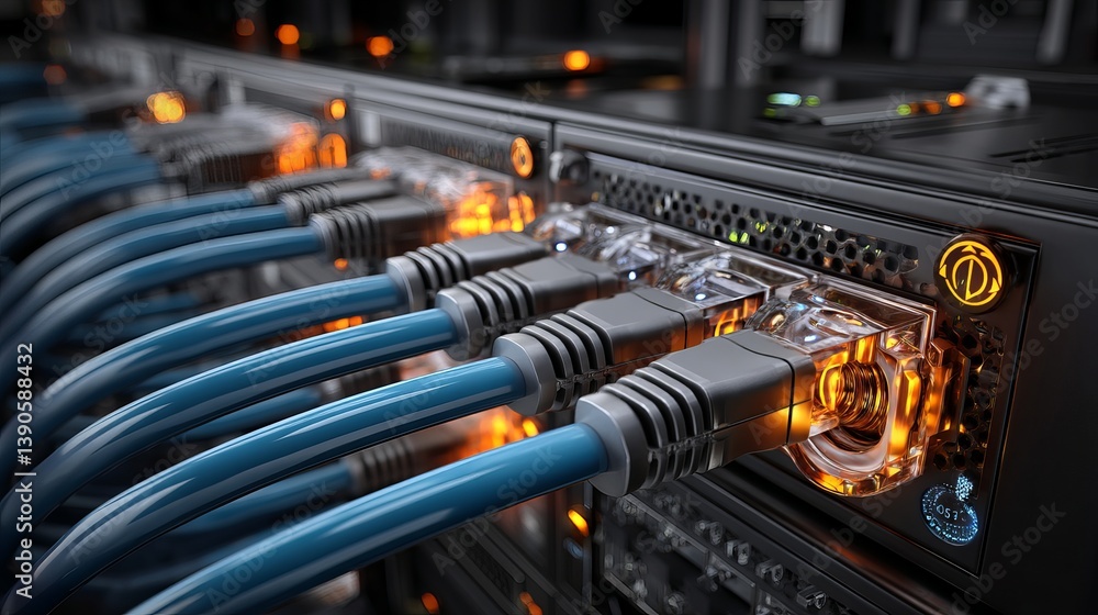 Poster high speed network server rack blue cables digital technology modern data center infrastructure powe