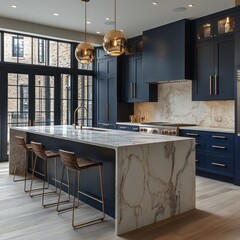 Luxury Kitchen Design: Marble Island and Navy Cabinets