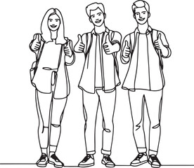 Happy College Students Thumbs Up Line Art Vector