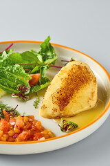 Vibrant Gourmet Halami with Fresh Vegetable Salsa in Minimalistic Setting