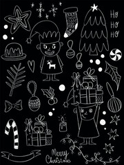 chalk board christmas and new year doodle. gnome, christmas tree, gifts, new year decor