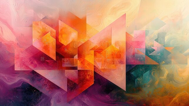 Fototapeta Abstract geometric kaleidoscope in fiery and cool tones with surreal depth