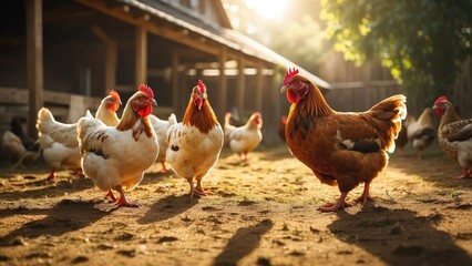 Fototapeta premium A large flock of red and white hens is walking along a dirt path with greenery on both sides.
