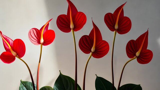 Beautiful blooming red anthurium flower on a light background.