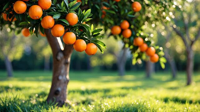 Breathtaking natural scenery showcasing ripe fruits dangling from a tree branch in a sunlit garden. Background, space for text.