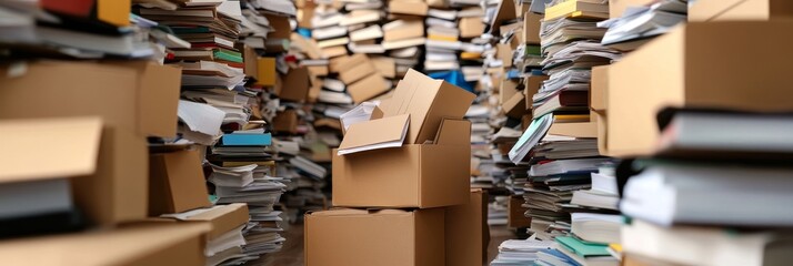 Overflowing Archive: A Cluttered Storage Room - A chaotic scene of overflowing cardboard boxes and towering stacks of paper documents, symbolizing disorganization, archiving, storage