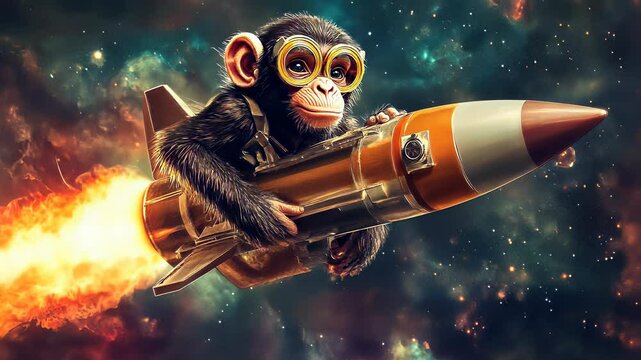 Monkey in space suit rides rocket through vibrant cosmic backdrop, exploring the universe