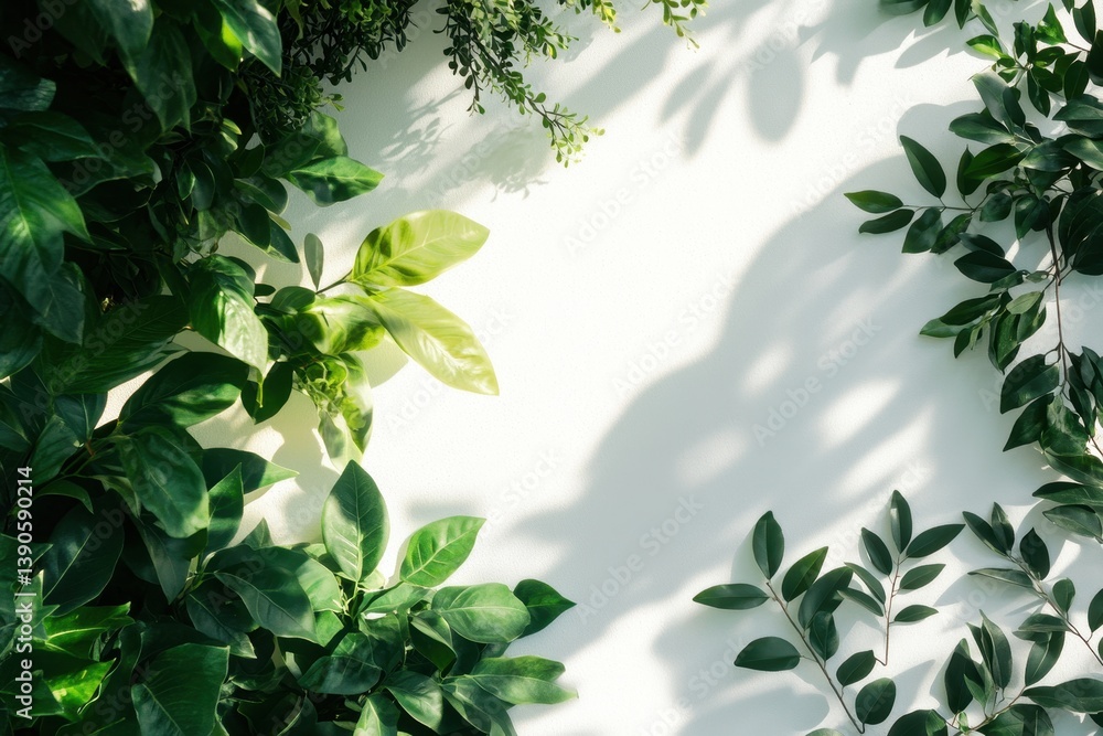 Poster Soft shadows of green leaves on a white canvas create a serene decor for natural elegance, Blur shadows of plants and tree leaves on a white clean wall