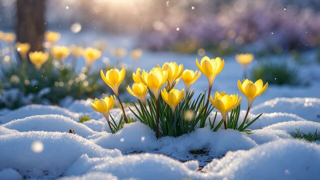 Yellow crocuses blossom in the garden under snow on a bright spring day. A panoramic view showcasing beautiful primroses against a shimmering, sparkling backdrop.