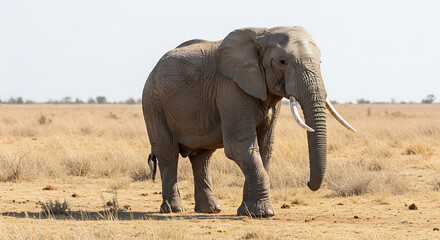 Obraz premium Majestic African Elephant Striding Through the Golden Savannah Landscape