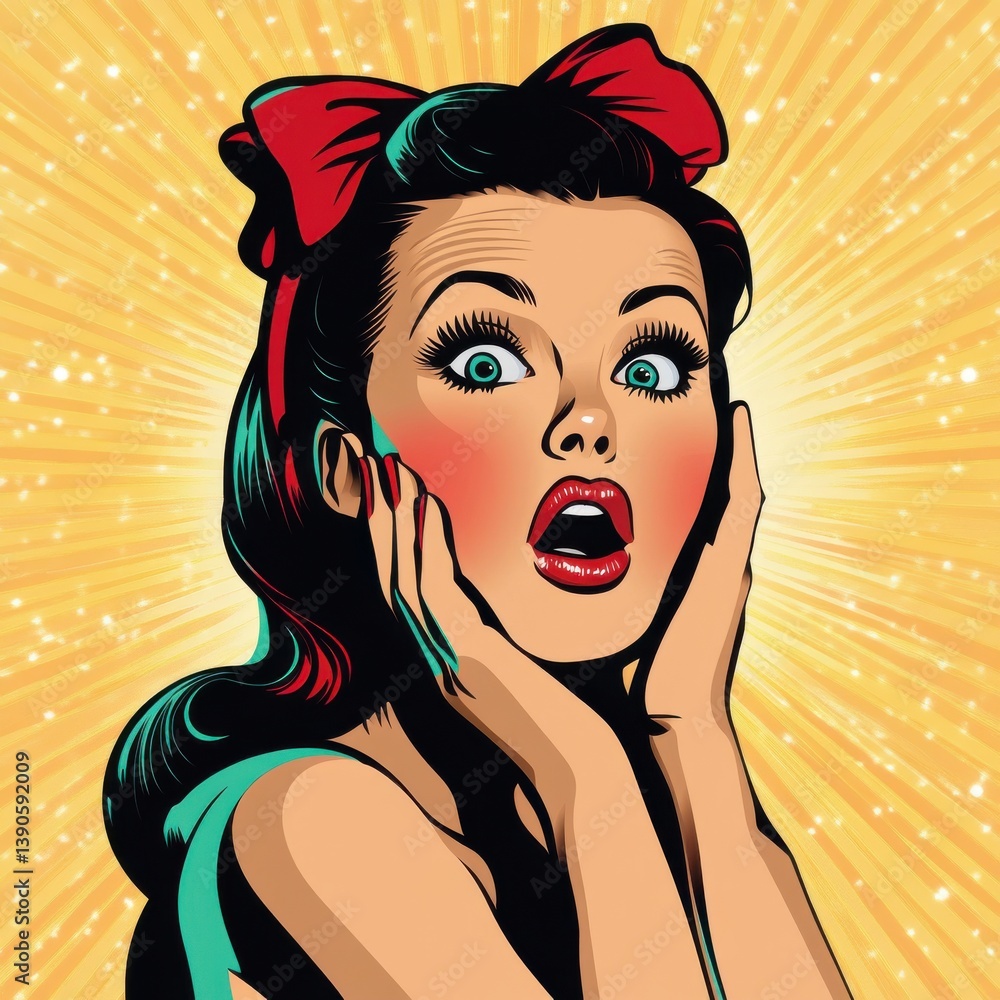 Poster surprise expression with vibrant background showcases retro pop art style in bold colors and distinc