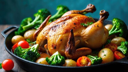 Whole roasted chicken accompanied by vegetables in a cast iron dish, viewed from above against a blue backdrop. A top-down minimalist image featuring a cooked chicken on a blue surface.