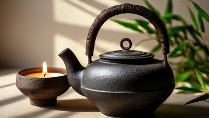 Burning candle alongside a black iron teapot in vintage style