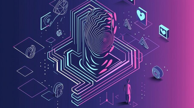 Fototapeta Futuristic abstract geometric design with hypnotic spiral in blue, purple, and pink