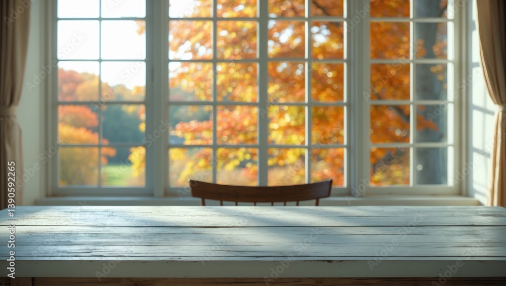 Poster white table in front of an afternoon window backdrop.
