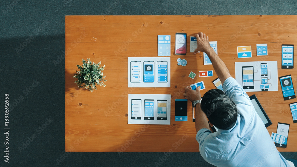 Poster top view of skilled developer walking and placing ux ui software. smart business man put tablet on m