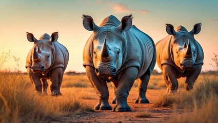 Naklejka premium Family of white rhinos at sunset, square-lipped rhinoceros, Ceratotherium simum
