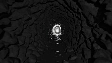 Light streaming through the end of a dark, rocky tunnel, creating a powerful sense of hope and a pathway for escape from challenging and difficult situations