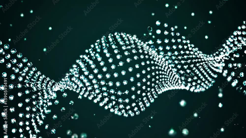 Poster abstract futuristic background with glowing particles swirling and forming a double helix dna shape,
