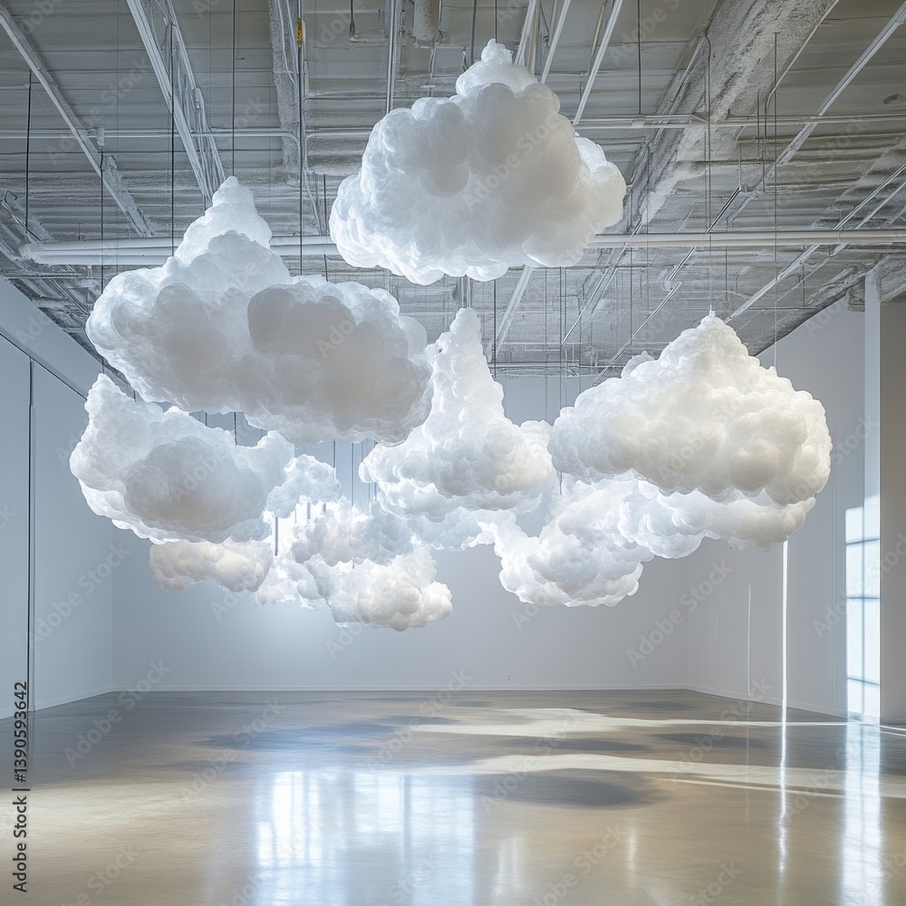 Poster white cloud sculptures suspended in a contemporary gallery creating a serene atmosphere