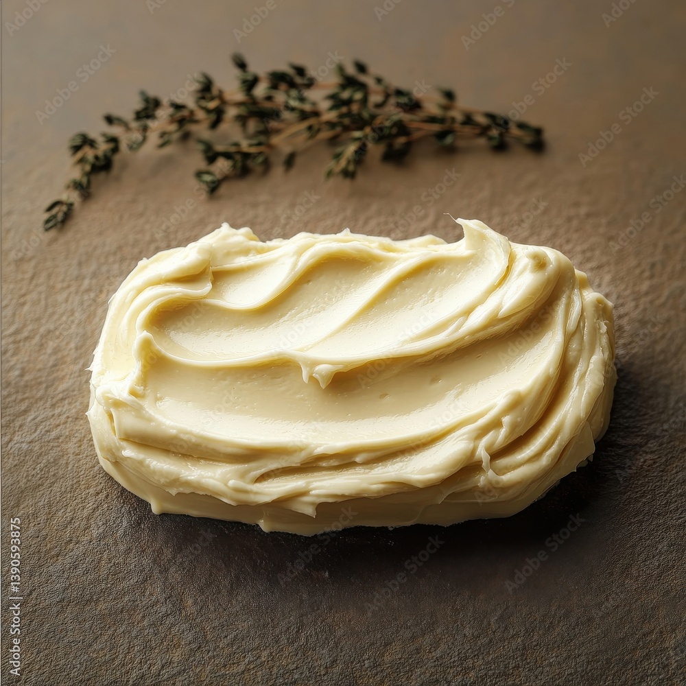 Poster creamy butter spread with fresh thyme herb on a rustic stone surface in a kitchen setting