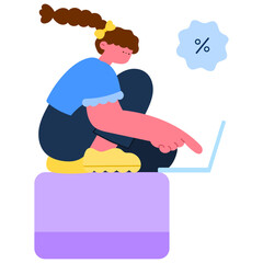 Woman sitting on a payment card with laptop and discount tag, e-commerce and digital payment flat vector illustration