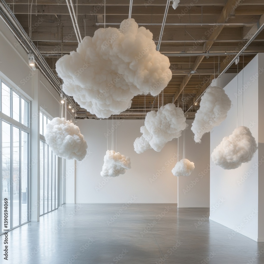 Poster unique cloud installations create a whimsical atmosphere in contemporary art gallery