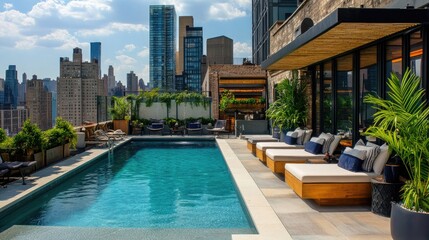 Stylish Rooftop Pool with City Skyline View and Modern Lounge Chairs Under Clear Blue Sky