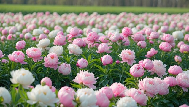 Agricultural field showcasing a variety of peony flowers in full spring bloom.