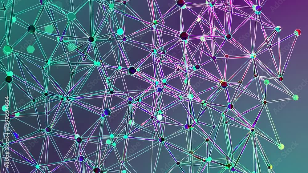 Poster intricate network mesh connecting vibrant points with colorful lines, forming a complex grid structu