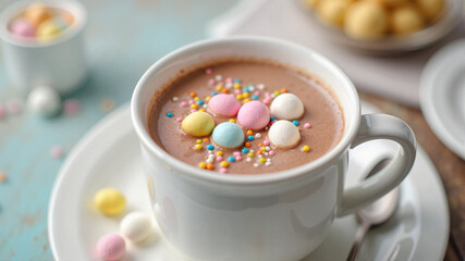 Hot chocolate with colorful marshmallows and sprinkles on blue surface  