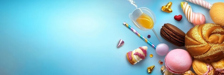 Colorful Treats and Festive Fun Celebration - Sweet celebration, vibrant colors, joyful mood, delicious pastries, party supplies. Symbolizing happiness, festivity, indulgence, togetherness