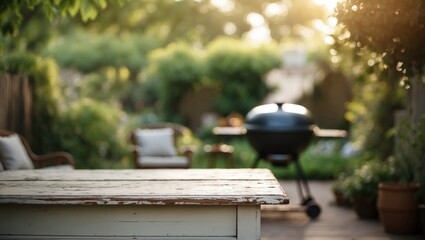 Obraz premium White vintage wooden tabletop in a blurred green nature backyard with a grill for a party.
