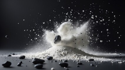 White powder combined with small stones against a black backdrop. A small rock flies through the dust set against a dark background.