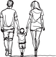 Happy family in continuous line art drawing style. Front view of parents with their little kid holding hands and walking together black linear sketch isolated on white background.