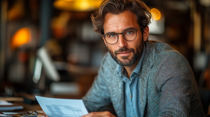 Focused Businessman Analyzing Financial Invoice in Modern Office, Professional Male Accountant Reviewing Documents with Serious Expression, Corporate Finance and Accounting Concept