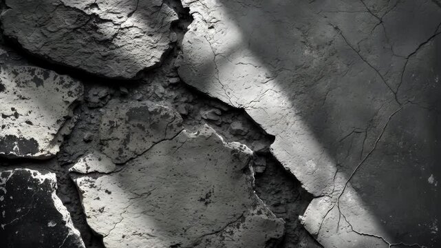 Textured surface of black and white stones. Close-up of rock texture. Resembles a weathered, coarse concrete wall. Dark gray gritty background suitable for design. Template. Backdrop.