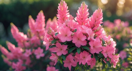 Fototapeta premium A blooming pink azalea bush showcasing a stunning and colorful spectacle in a garden.