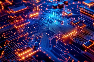 Obraz premium Circuit Board Pathways: A Close-Up View - Intricate electronic pathways, glowing circuits, technological innovation, network, connectivity. Symbolizing progress, technology, innovation, communication