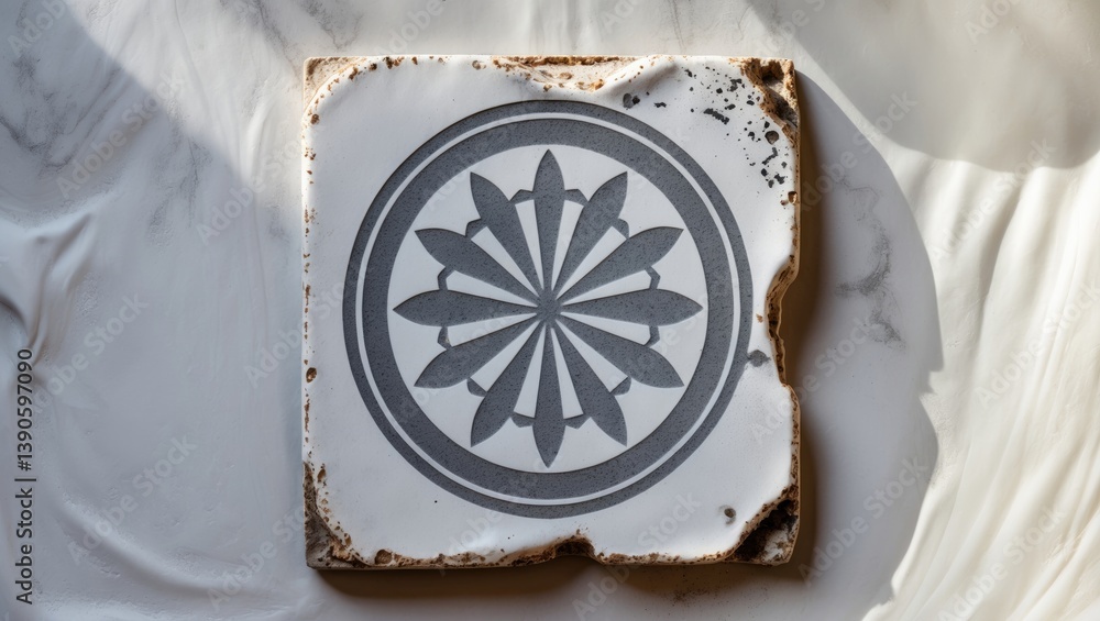 Poster white retro tile showcasing a gray stamped geometric circle motif design, creating an artistic print