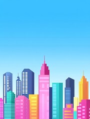 Obraz premium Colorful City Skyline Illustration - A vibrant illustration of a modern city skyline, symbolizing progress, innovation, diversity, energy, and community