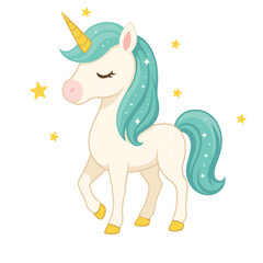 Cute cartoon unicorn with golden horn and turquoise mane surrounded by stars – fantasy illustration for kids, nursery wall art, magical themes, children’s books, and whimsical designs