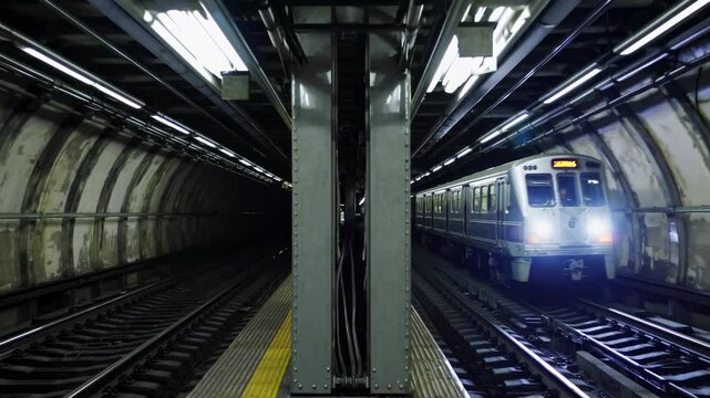 Subway train approaching the station platform in london, bright lights illuminating the tunnel and railroad tracks, creating a striking contrast against the dark interior