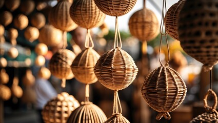 Wicker for creating hanging light lamps. Wicker craftsmanship is commonly utilized. It appears in various forms with a vintage aesthetic.