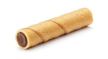 A crispy wafer roll filled with rich chocolate, a delightful treat promising a sweet and crunchy indulgence against a bright white background.