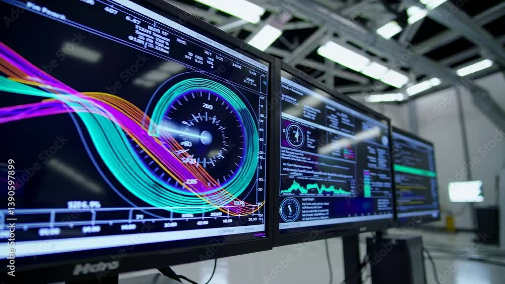 Poster scientist conducting advanced research in a bright, high-tech laboratory, using multiple computer sc